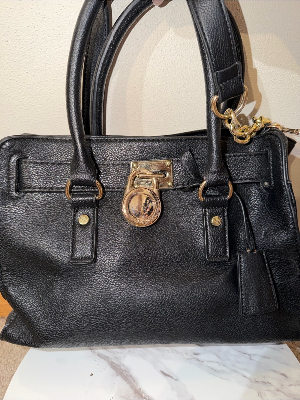 Michael Kors Black Leather Satchel with Gold Hardware Accent